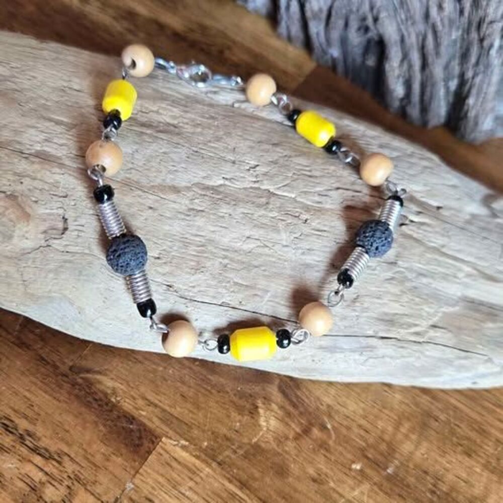 Aromatherapy Lava Stone Bracelet | 9¼ Inch Men's Bracelet | Wood Beads
